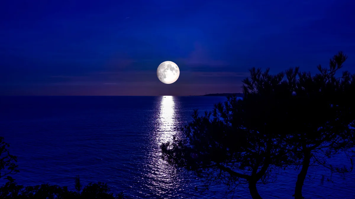 Lua cheia sobre o mar, com o reflexo prateado se estendendo pela água escura