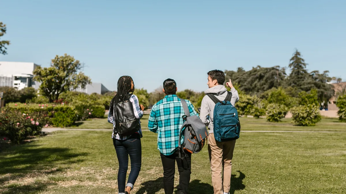 Grupo de estudantes universitários caminhando juntos ao ar livre, em dia ensolarado